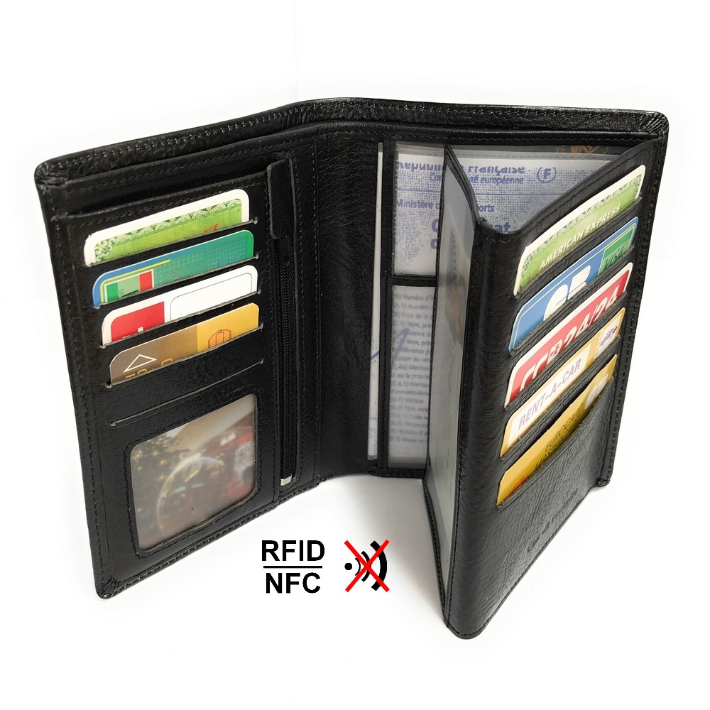 Grand portefeuille homme cuir véritable RFID-NFC 4 volets pour